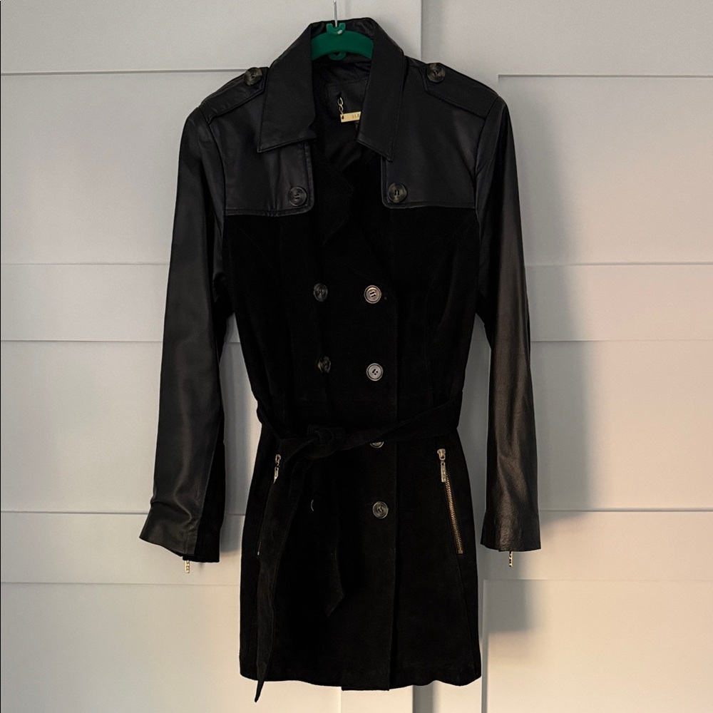 IMAN Black Trench Coat with Leather Accents
